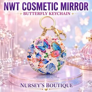 NWT Butterfly Floral Cosmetic Mirror Keychain Rhinestone Bag Charm